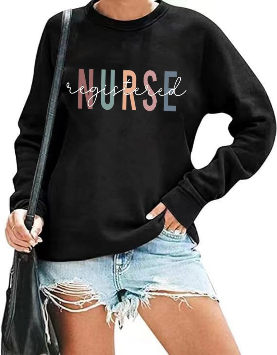 Women Registered Nurse Sweatshirt Nurse Pullover Tops Nurse Life Sweatshirt Nursing School Long Sleeve Tees - Black2