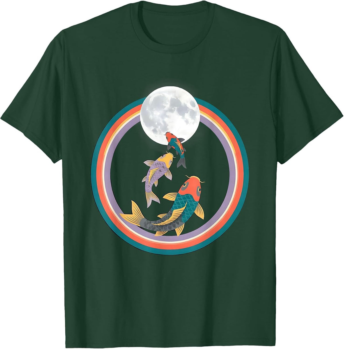 Men's Three Koi Fish Moon Flat Vector Animal Meme Parody T-Shirt - Dark Green
