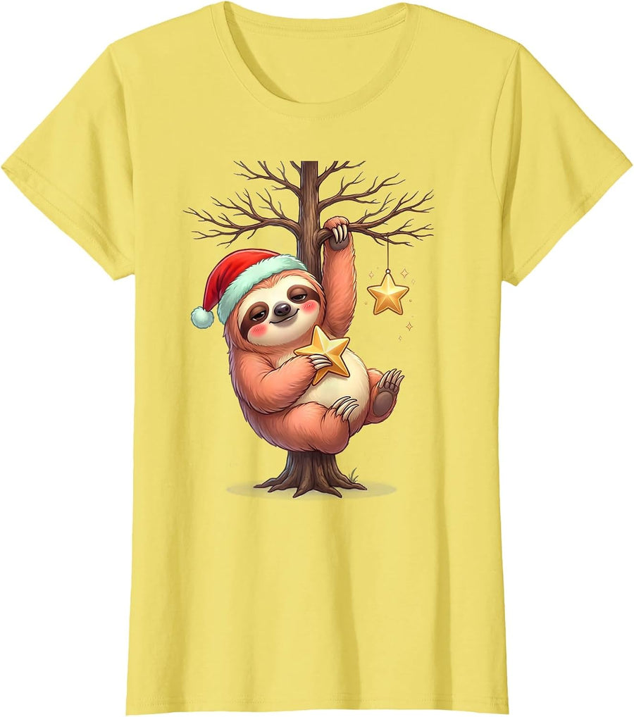 Women's Chibi Sloth Star Topper Cute Kawaii Christmas Humor T-Shirt - Lemon Yellow