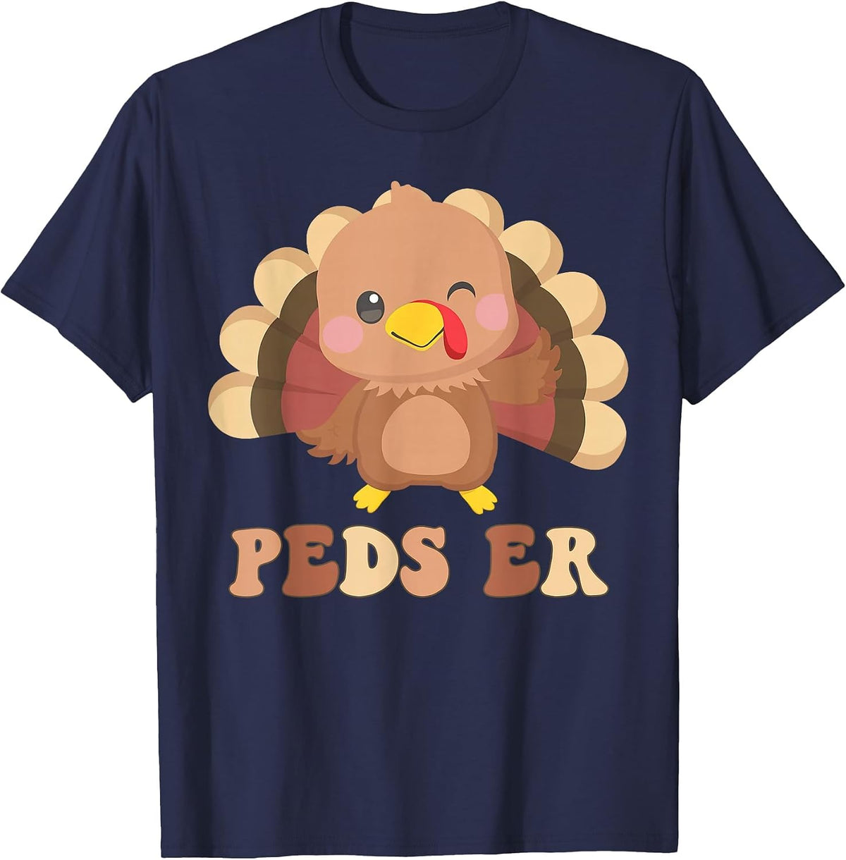 Cute Turkey PEDS ER Nurse Pediatric Thanksgiving Fall T-Shirt - Navy Blue