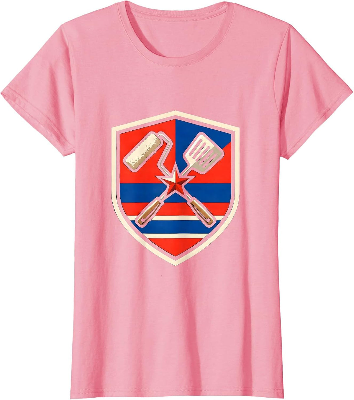 Women's Varsity Shield Paint Roller BBQ Spatula Labor Day Patriotic T-Shirt - Pink