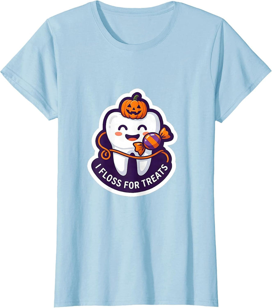 Women's I Floss For Treats Funny Dental Hygienist Halloween Dental T-Shirt - Baby Blue