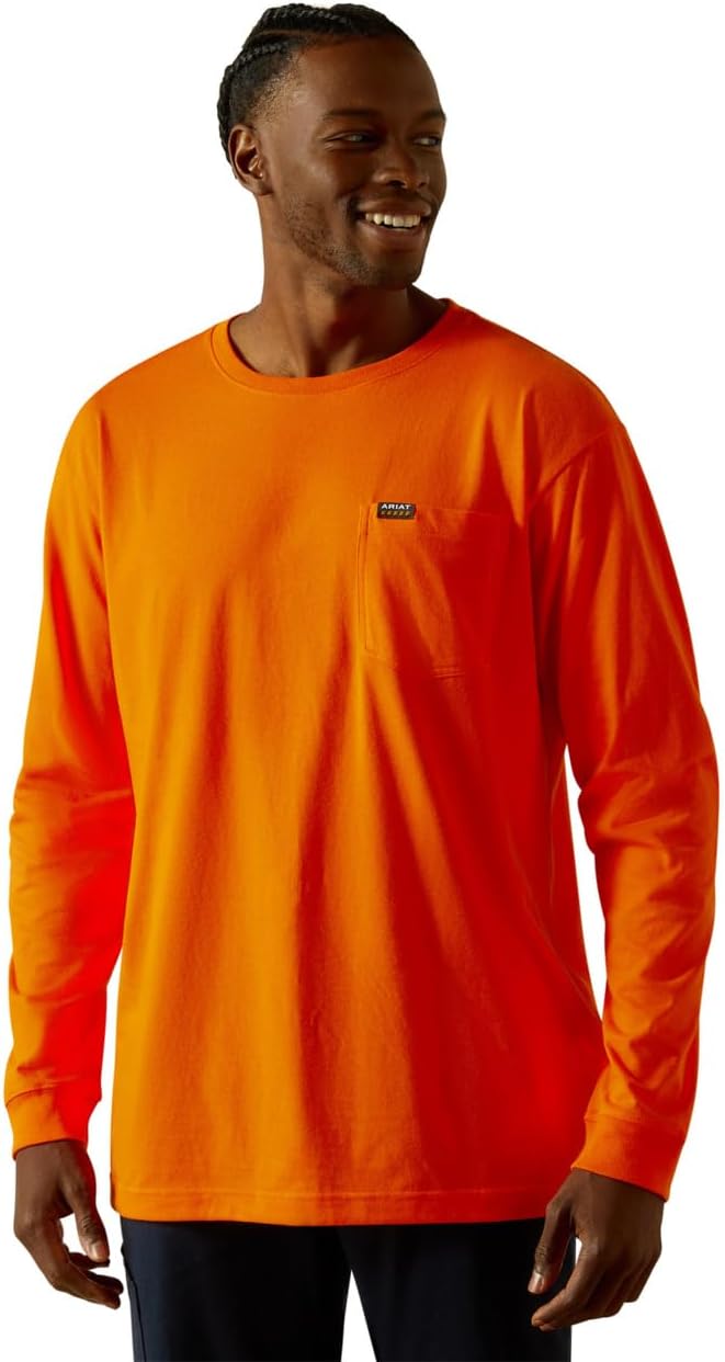 Ariat Men's Rebar Cotton Strong Standard Pocket Long Sleeve T-Shirt - Safety Orange