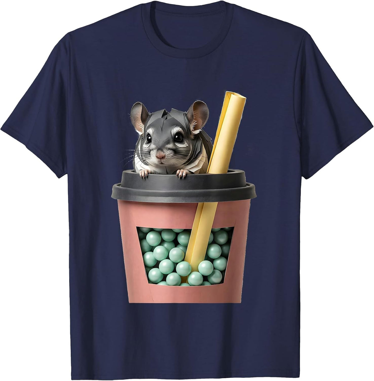 Oversized Boba Cup Kawaii Chinchilla Cute Animal Lover T-Shirt - Navy Blue