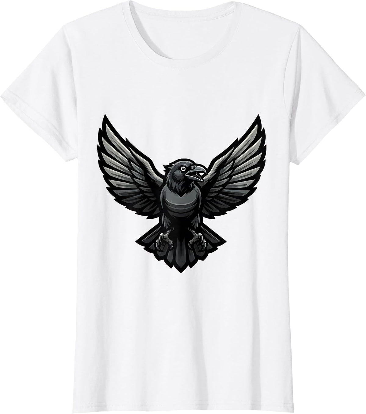 Crow in Flight Spread Wings Illustration T-Shirt - White