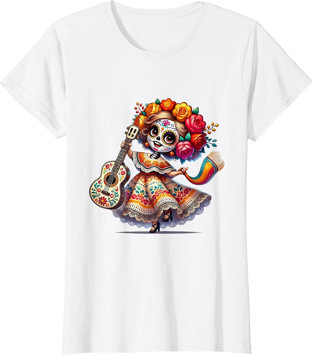 La Catrina Hispanic Heritage Month Mexican Halloween Flower T-Shirt - White