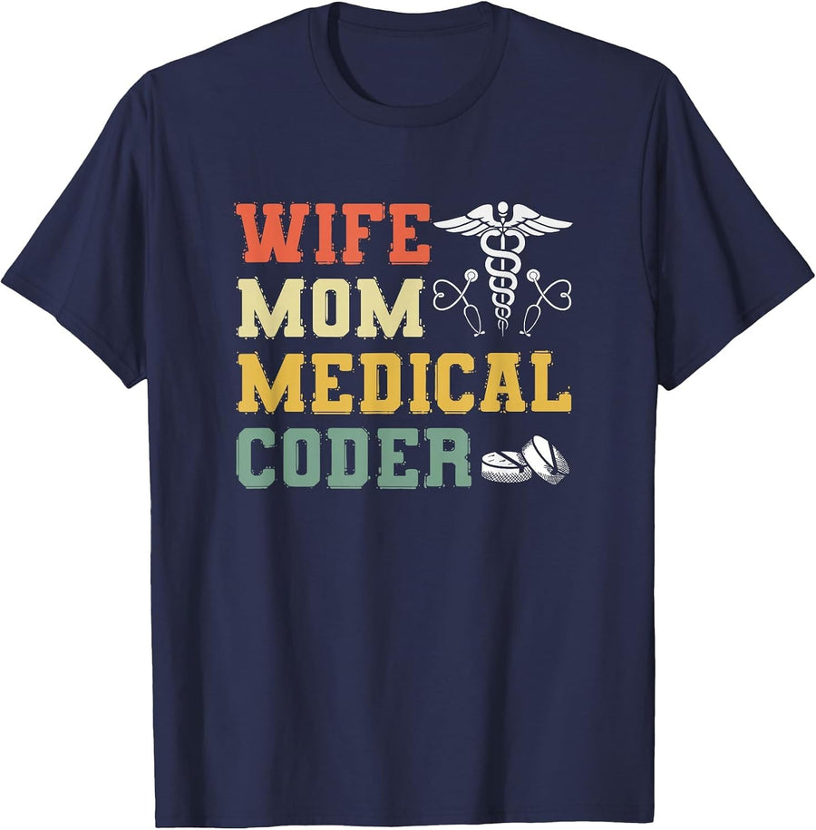 Retro Medical Coding Clinical Biller Wife Mom Medical Coder T-Shirt - Navy Blue
