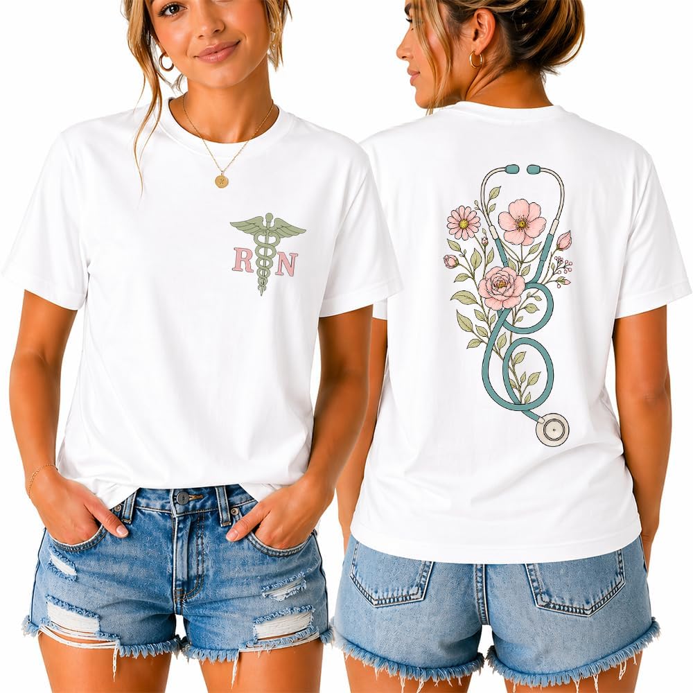 Nurse Shirt for Women RN CNA Boho Floral Nurse Stethoscope T-Shirt - White