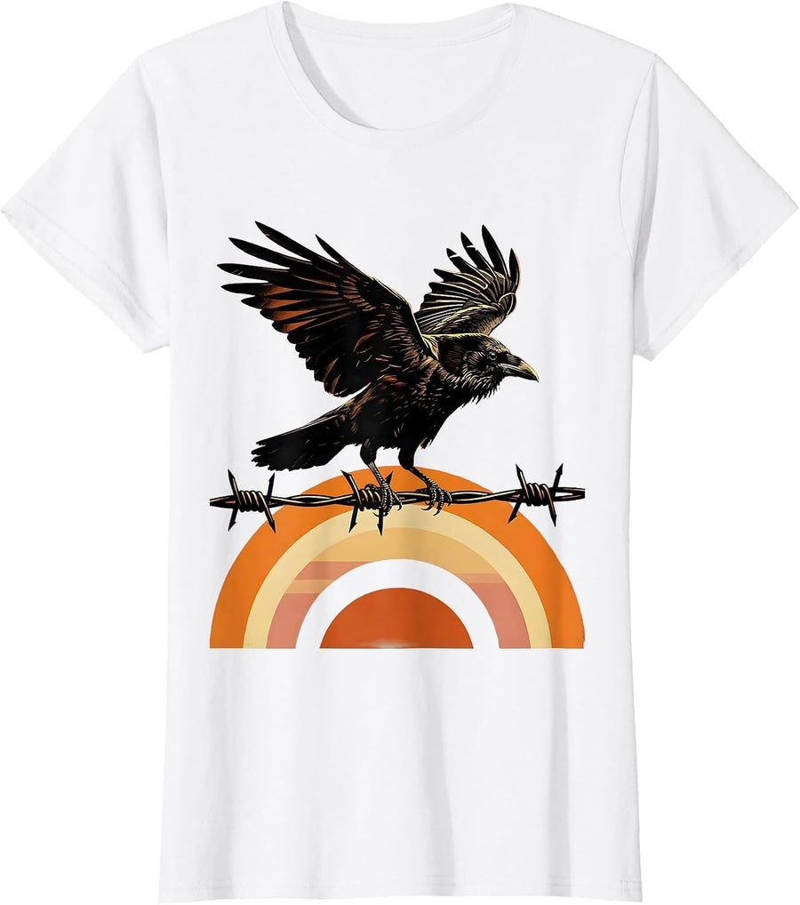 Women's Crow on Barbed Wire Sunrise Illustration T-Shirt - White