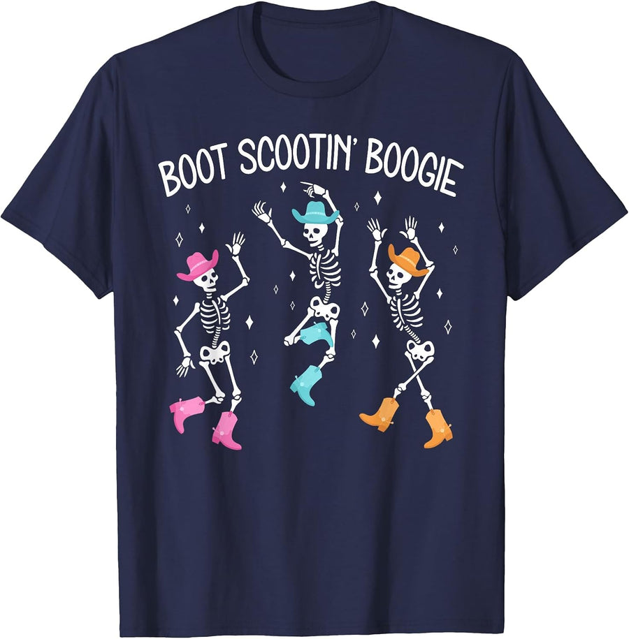 Boot Scootin' Boogie Funny Skeleton Dance Cowboy Style T-Shirt - Navy Blue