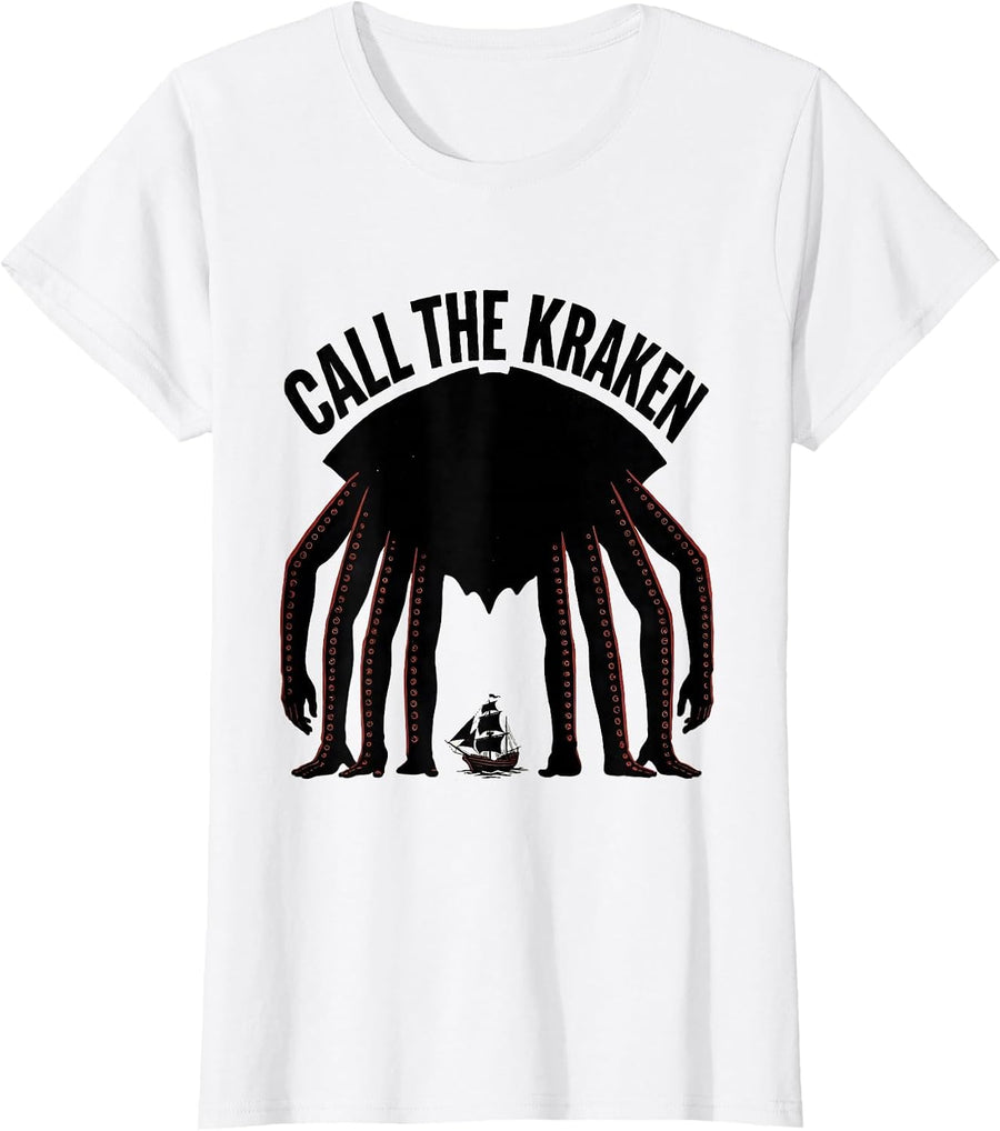 Women's Call The Kraken Vintage Octopus Sea Monster Lover Graphic T-Shirt - White