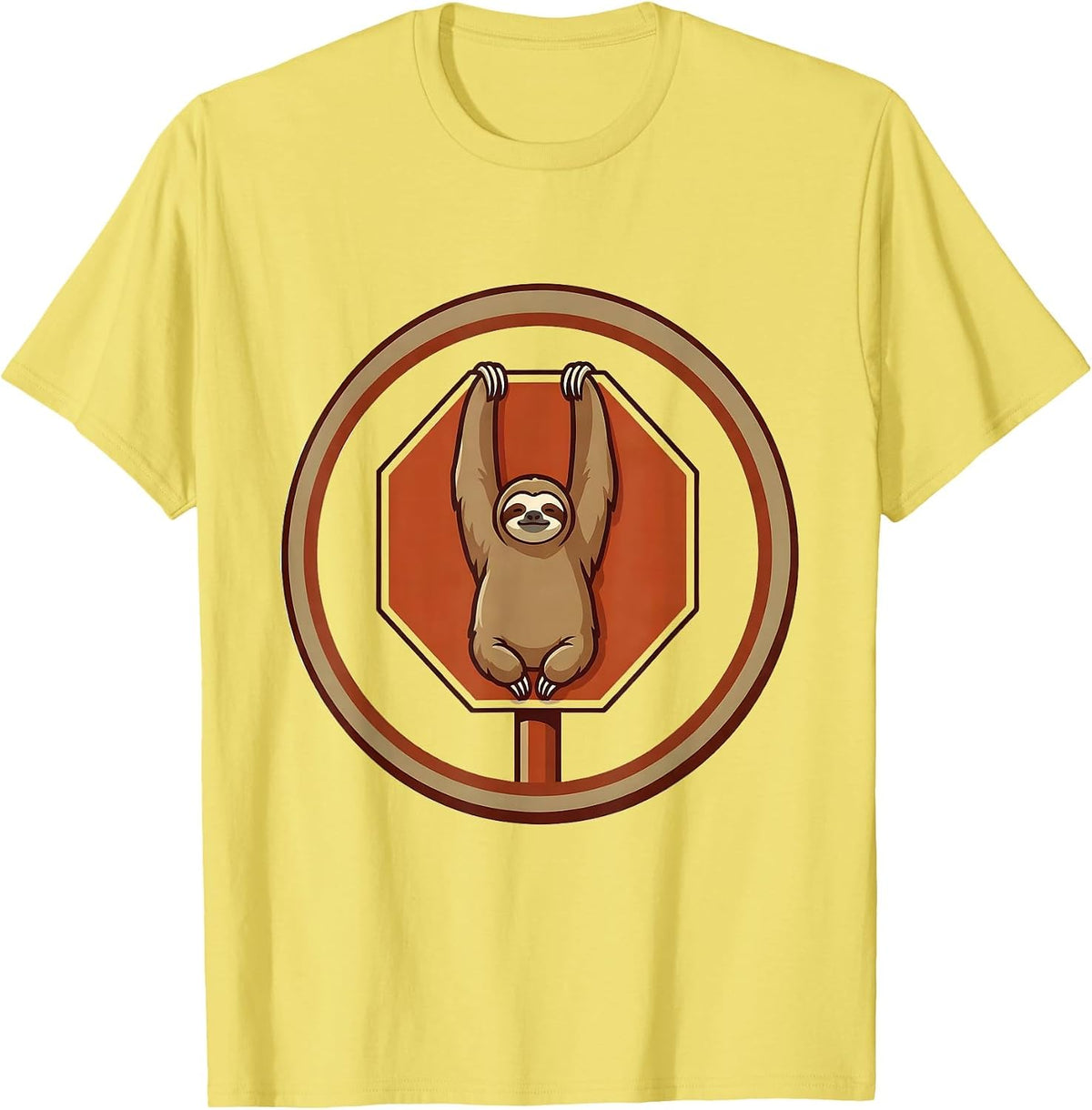 Men's Funny Sloth Hanging From Stop Sign Illustration T-Shirt - Lemon Yellow