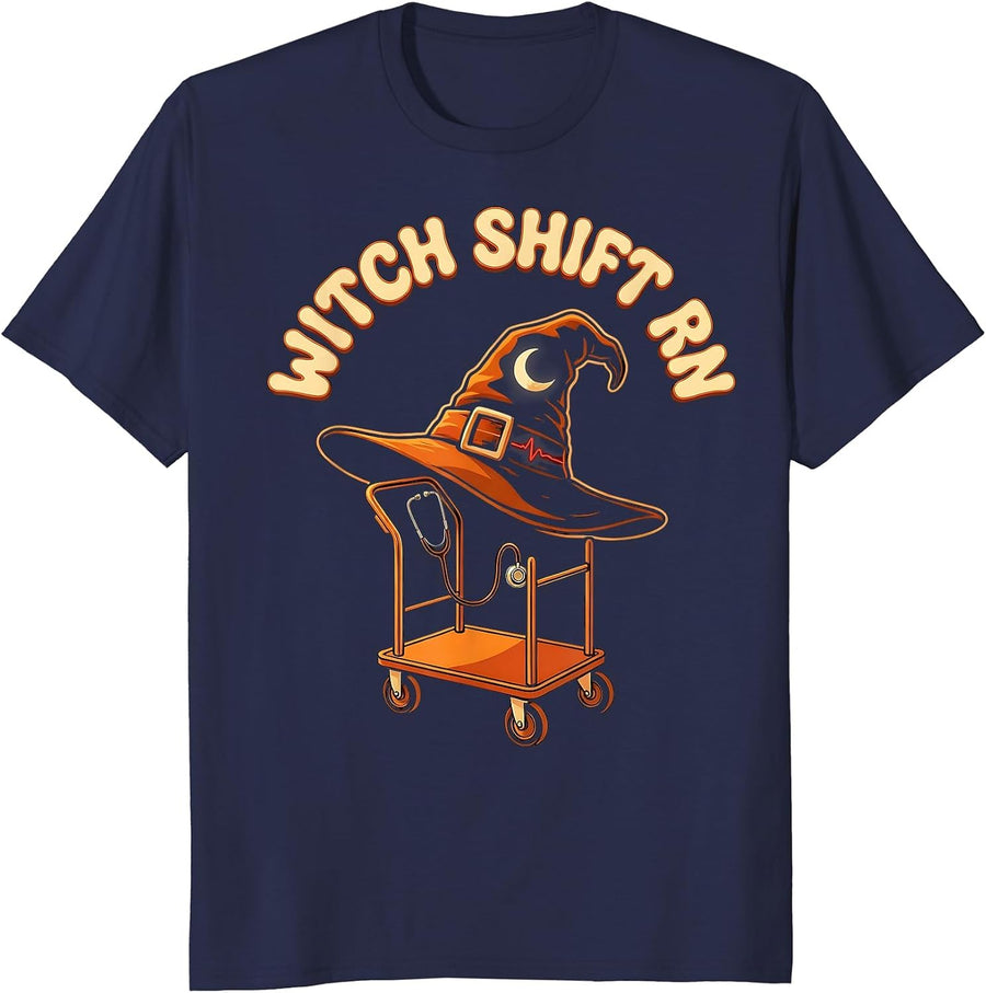 Witch Shift RN Retro 70s Funny Halloween Nurse Medical Humor T-Shirt - Navy Blue