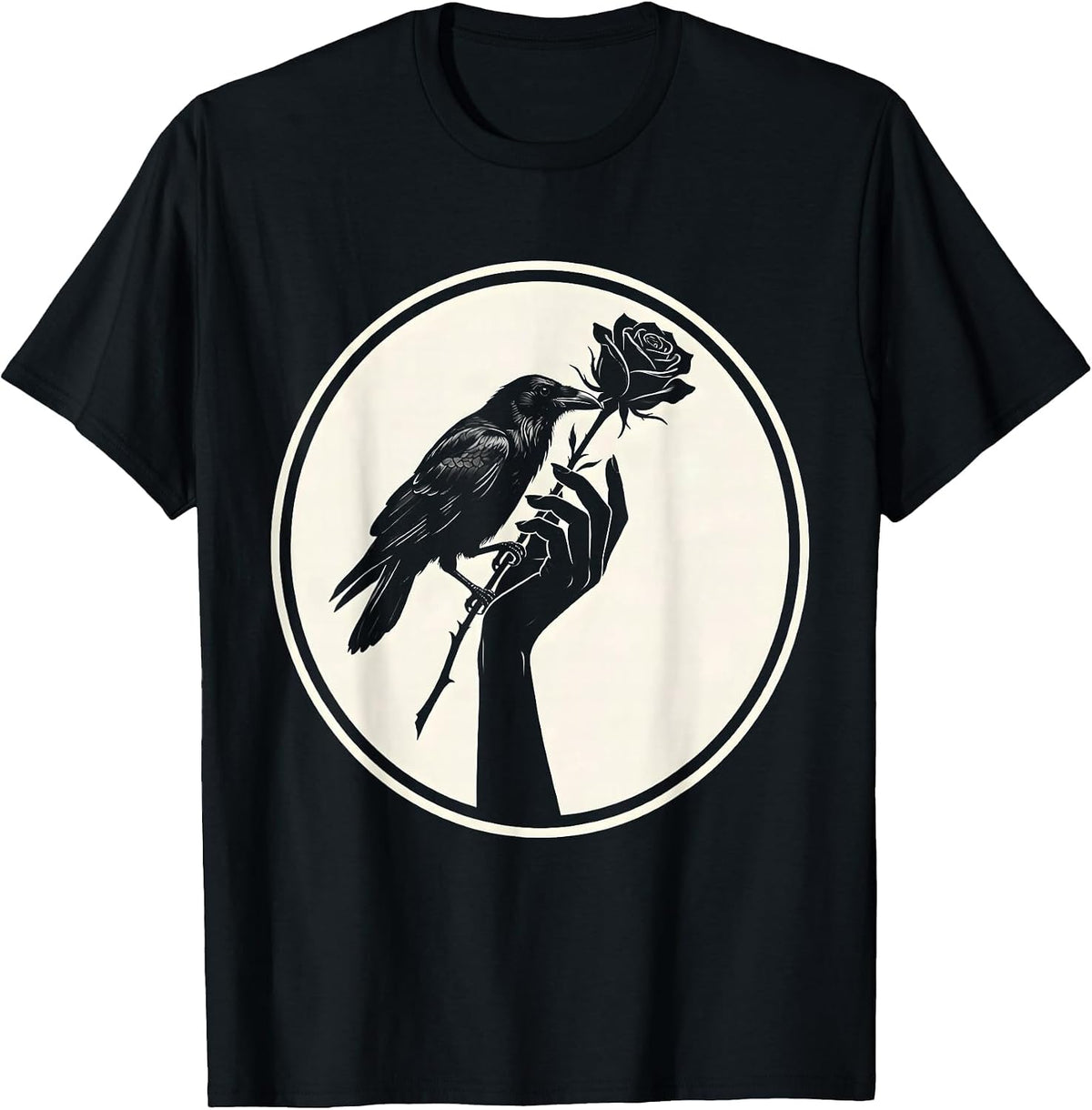 Men's Crow and Rose Hand Offering Nature Art T-Shirt - Black