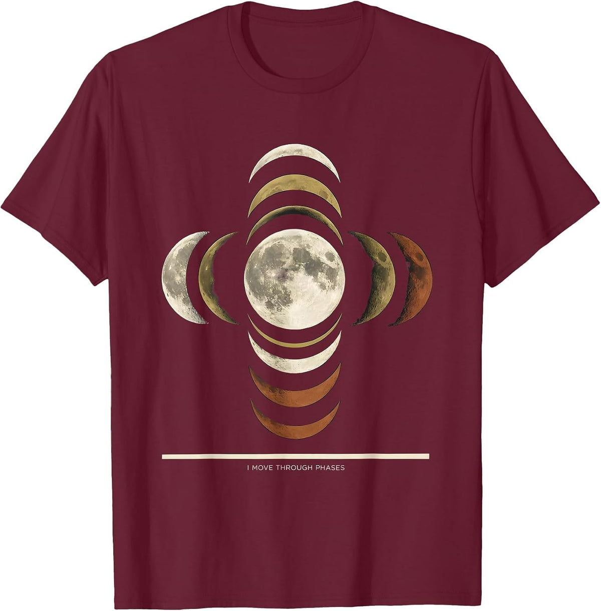 Men's I Move Through Phases Screenprint Lunar Phases Astrology T-Shirt - Burgundy