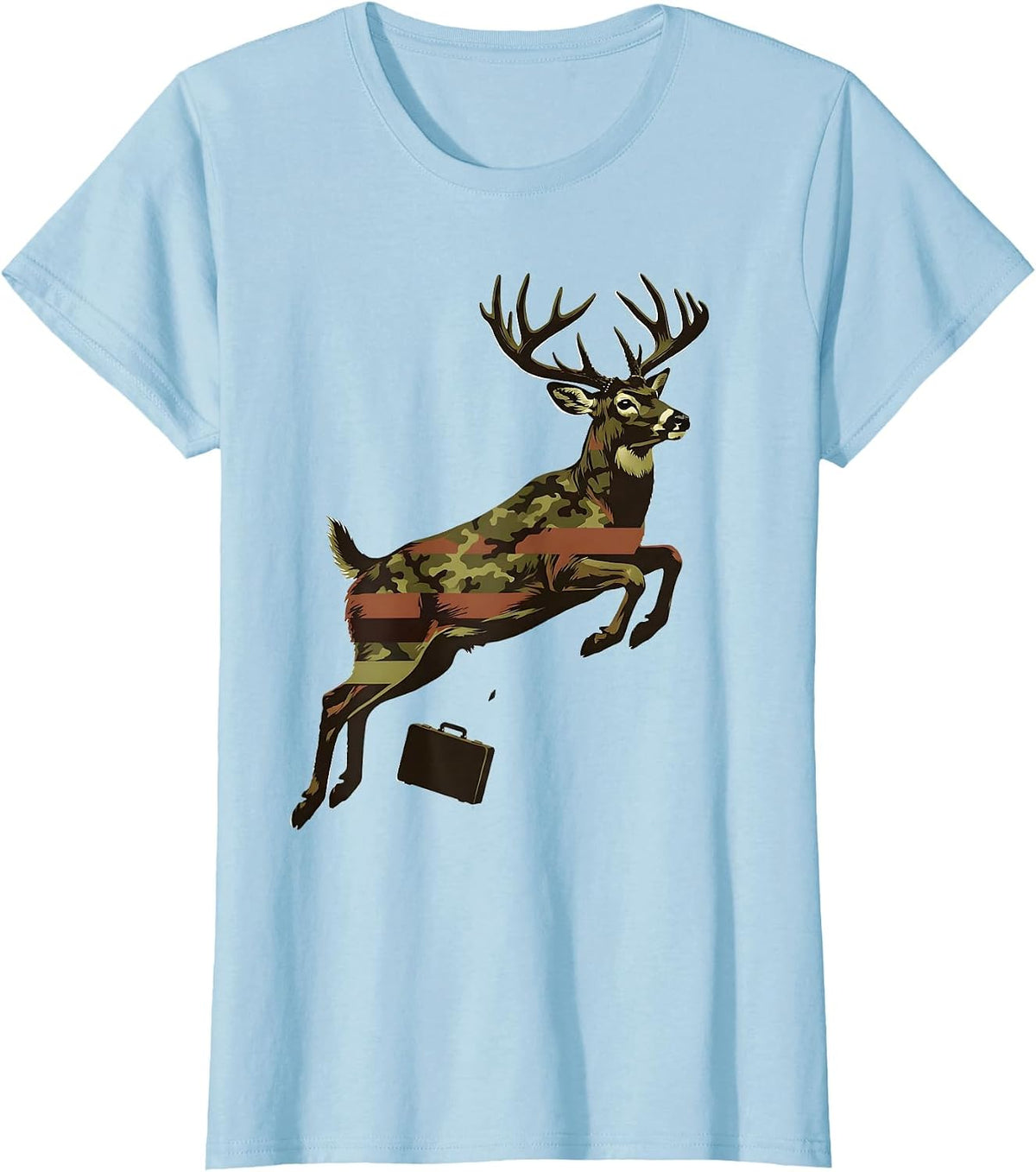 Leaping Whitetail Buck Camo Flag Hunting Dad Gift T-Shirt - Baby Blue