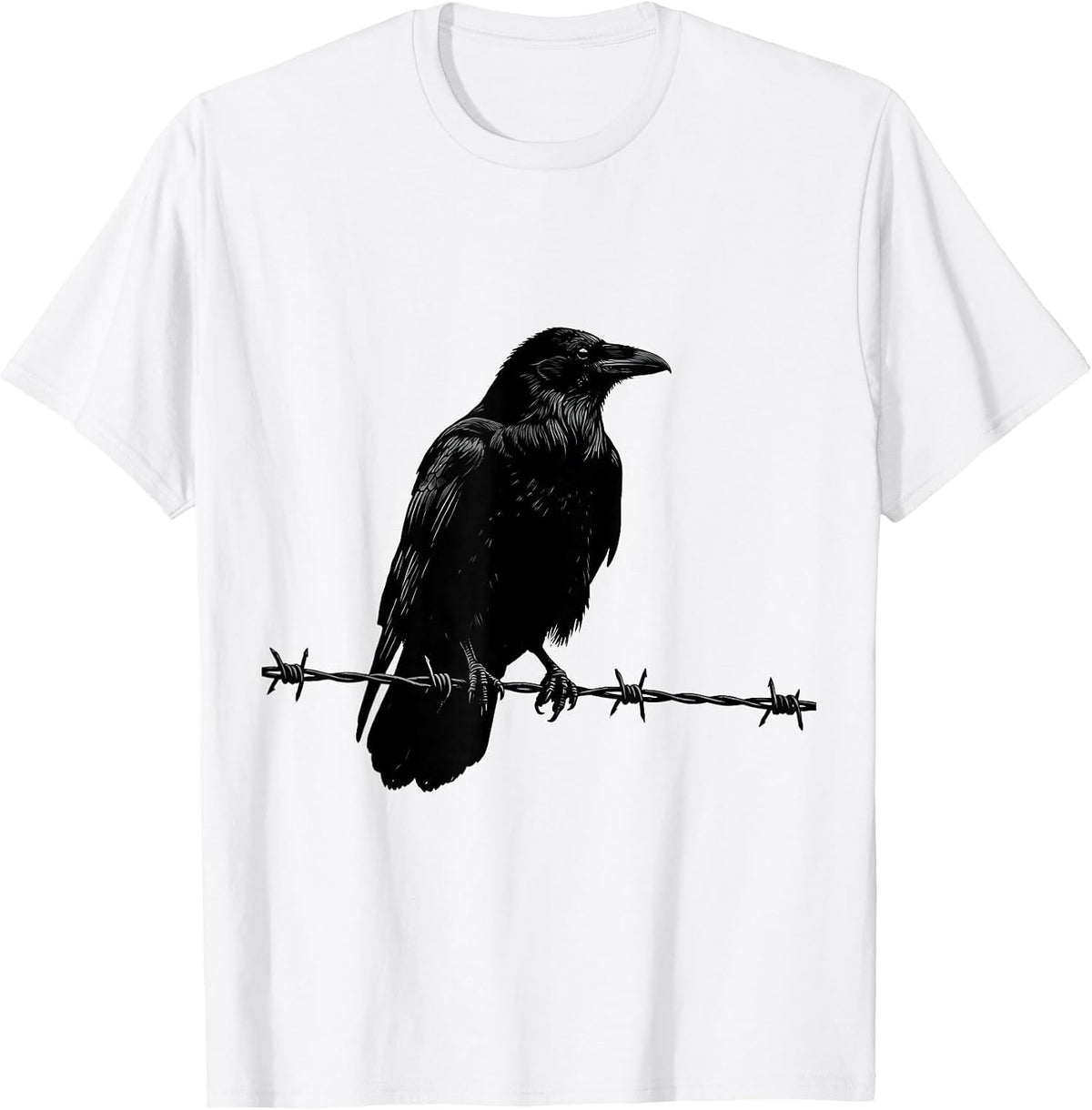 Men's Crow on Barbed Wire Fence Illustration T-Shirt - White