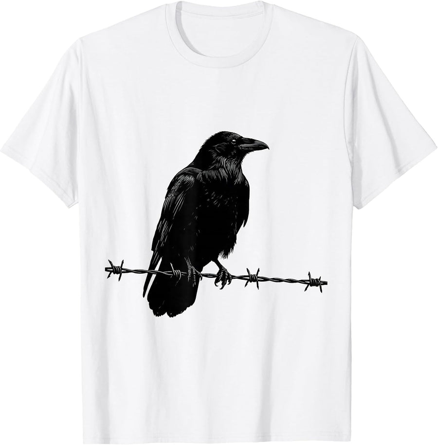 Men's Crow on Barbed Wire Fence Illustration T-Shirt - White
