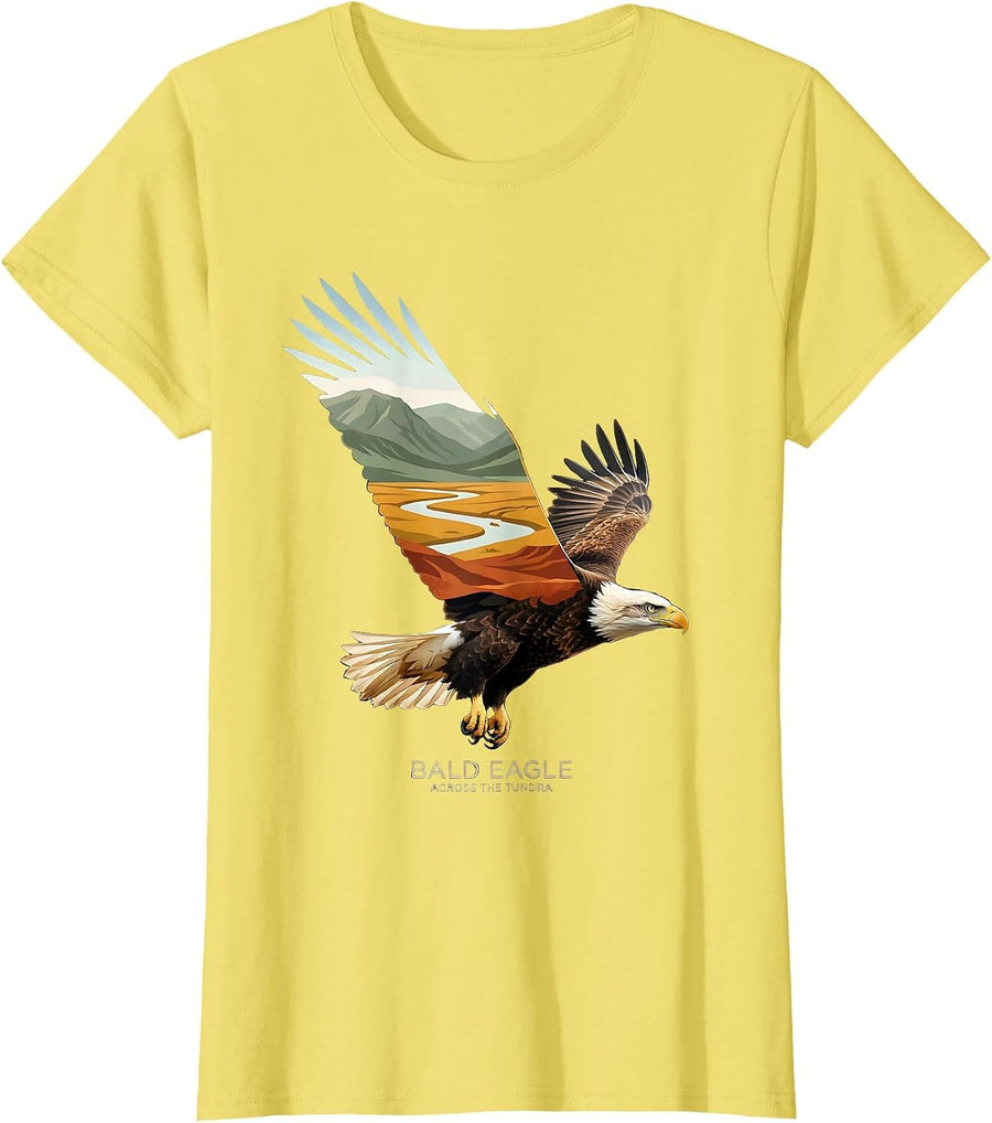 Women's Bald Eagle Across The Tundra Vintage Patriotic Bird Lover T-Shirt - Lemon Yellow
