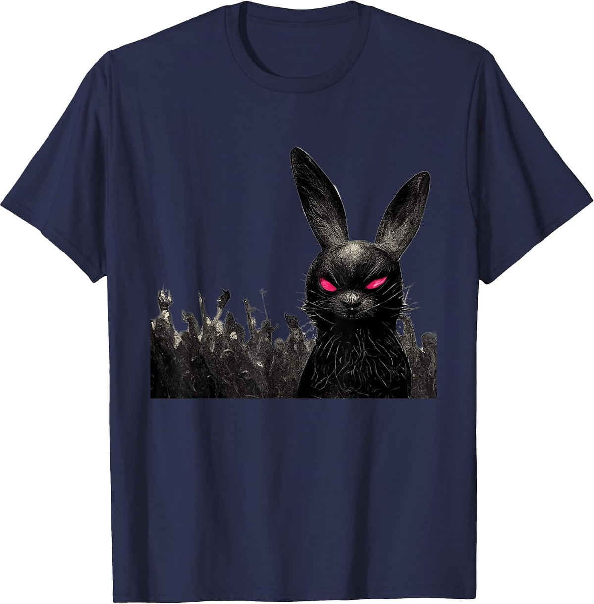 Black Bunny Red Eyes Heavy-Metal Music Scary Halloween T-Shirt - Navy Blue