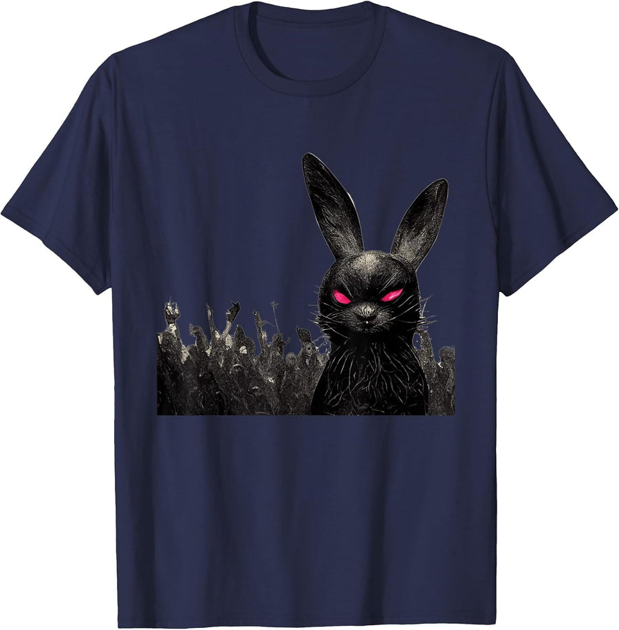 Black Bunny Red Eyes Heavy-Metal Music Scary Halloween T-Shirt - Navy Blue