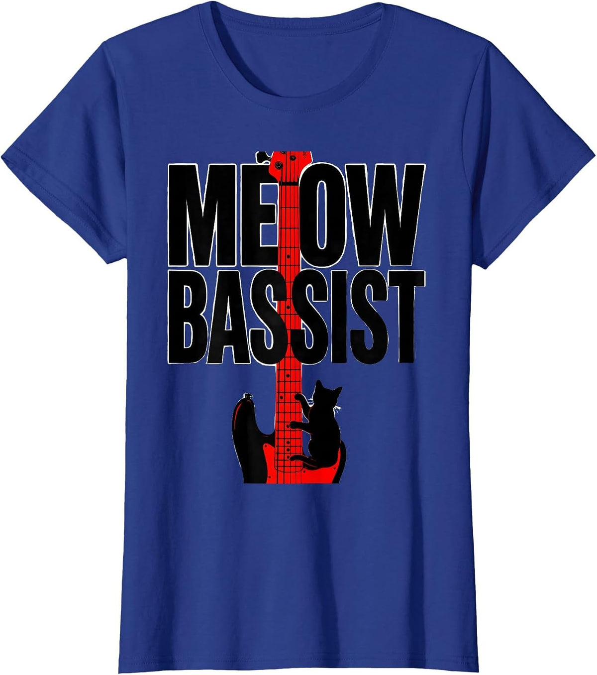 Women's Meow Bassist Funny Cat Rock Music Bass Guitar Humor T-Shirt - Royal Blue