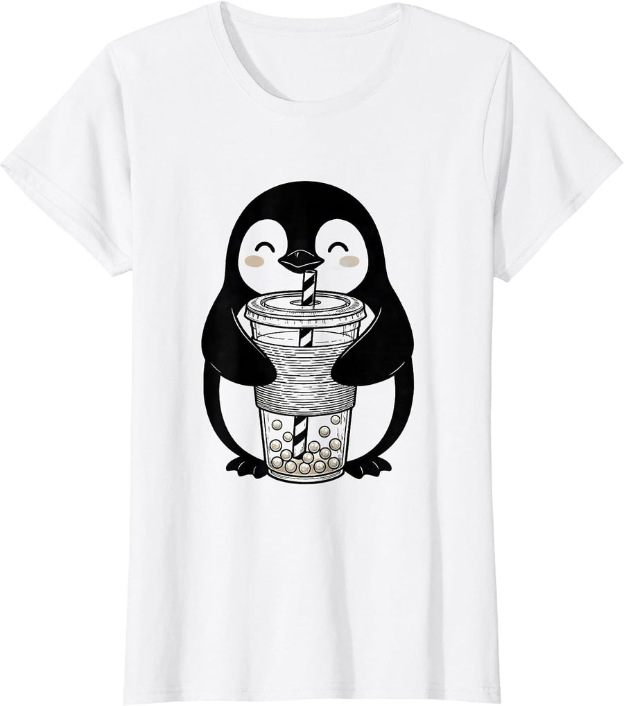 Women's Round Penguin Boba Tea Kawaii Anime Animal Lover T-Shirt - White