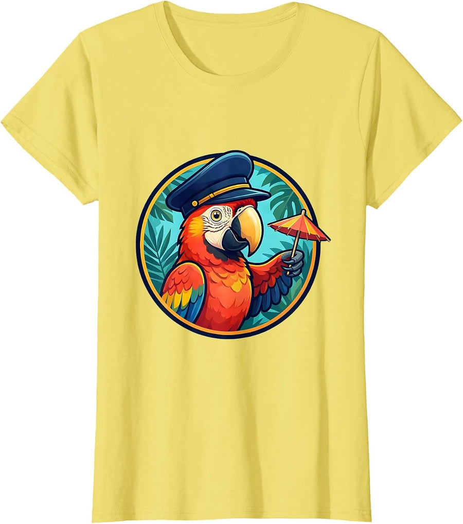 Women's Funny Cruise Parrot Captain Stealing Cocktail T-Shirt - Lemon Yellow