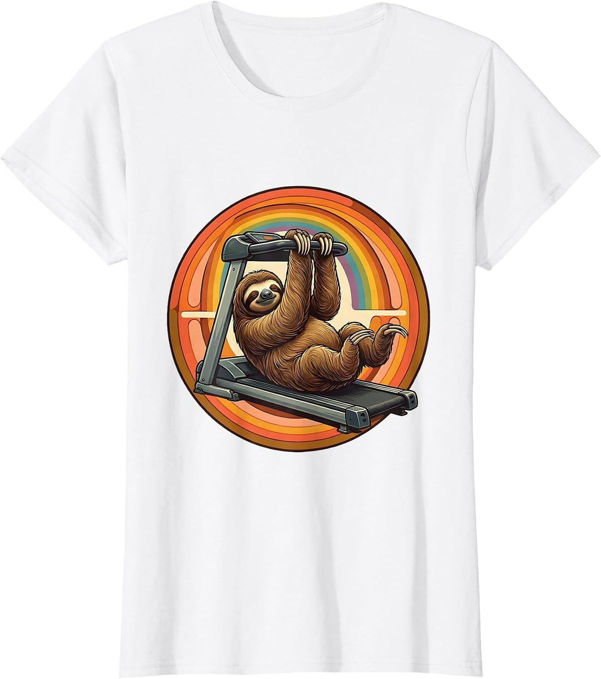 Women's Funny Sloth Hanging From Treadmill Illustration T-Shirt - White