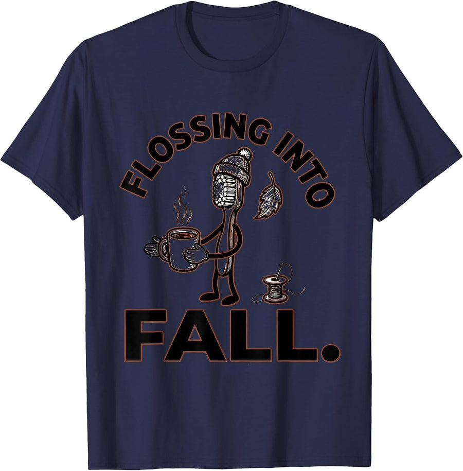 Flossing Into Fall Funny Dental Hygienist Humor T-Shirt - Navy Blue