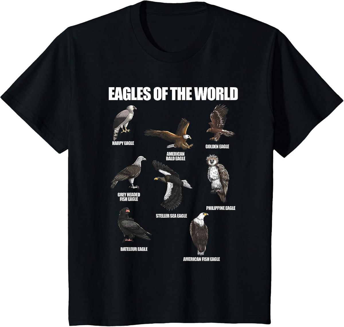 Eagles of The World Educational Large Bird Animal T-Shirt - Black