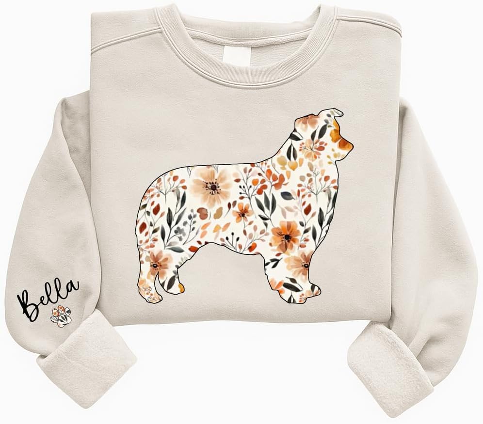 Personalized Floral Dogs Sweatshirt for Women, Custom Pet Name on Sleeve, Dog Lover Crewneck, Dog Mom Gifts - Aussie