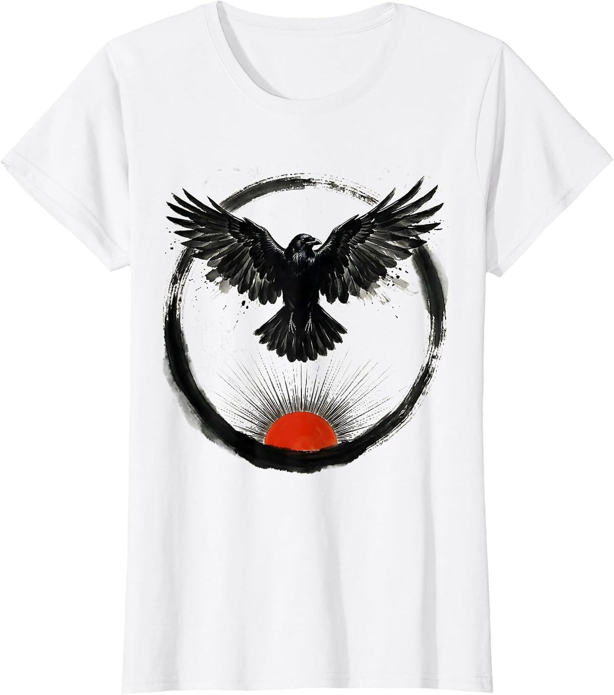 Women's Crow With Spread Wings Over Rising Sun Graphic T-Shirt - White