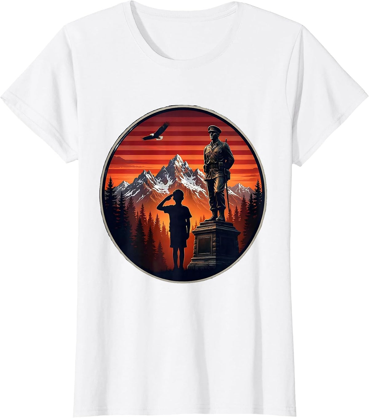 Young Patriot Saluting War Memorial Illustration T-Shirt - White