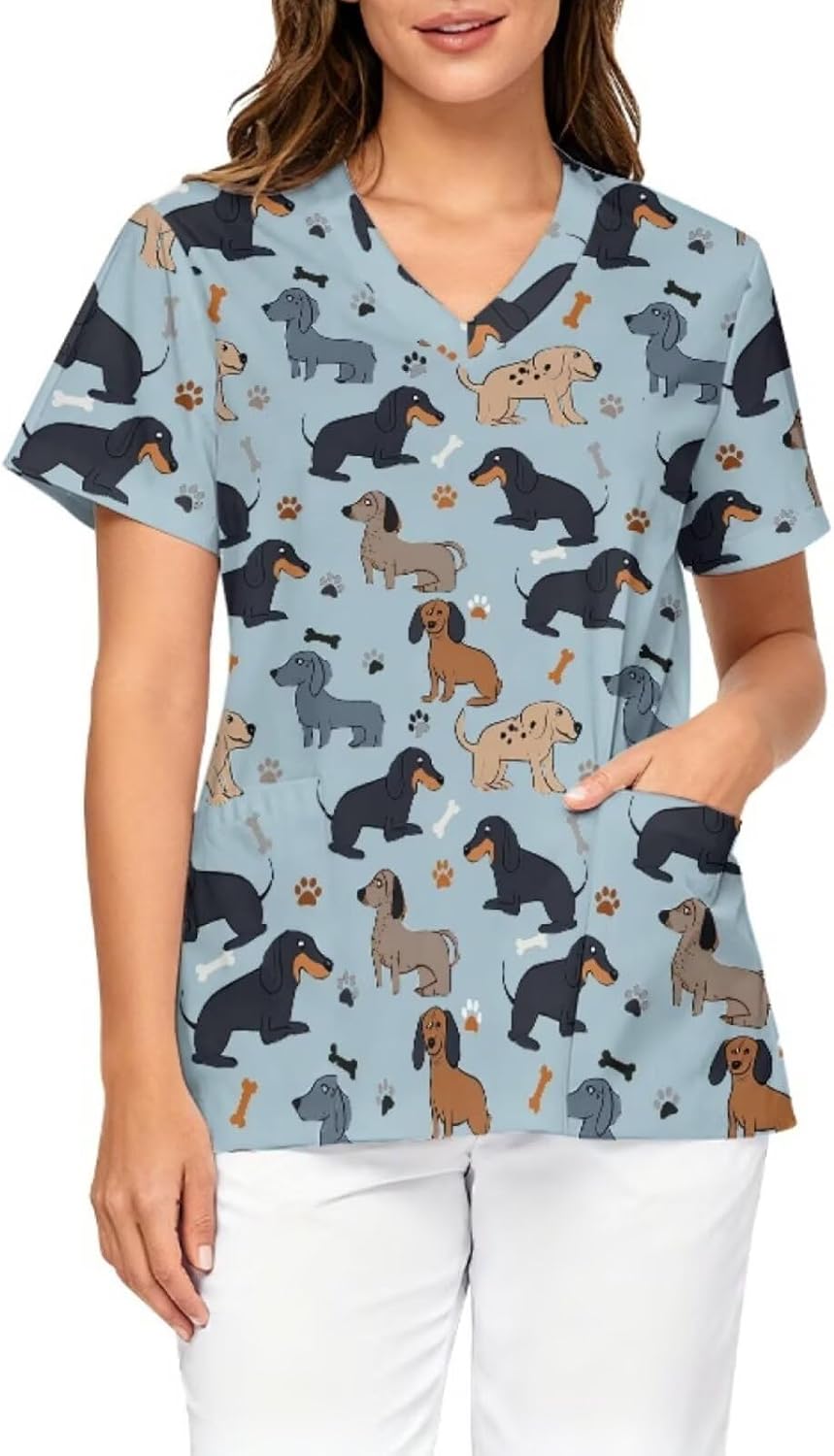 Veterinarian Scrub Tops for Women V Neck Stretchy Nursing Uniforms - Dachshund