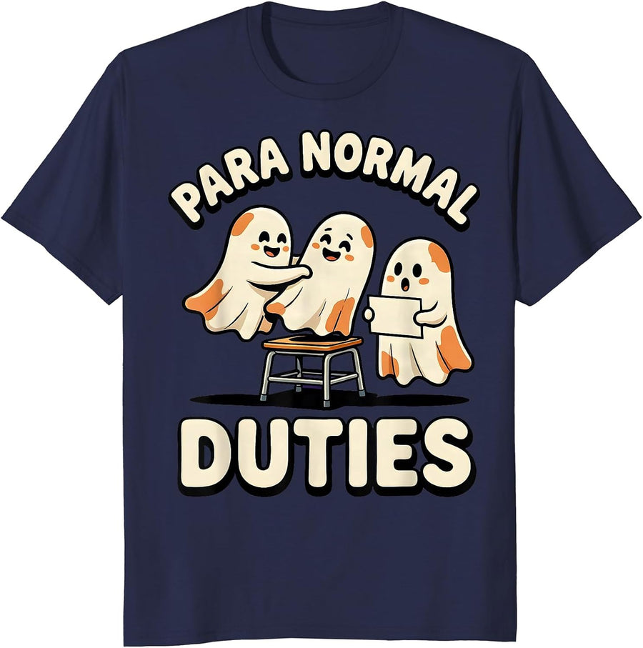 Para Normal Duties Cartoon Ghost Paraprofessional Halloween T-Shirt - Navy Blue