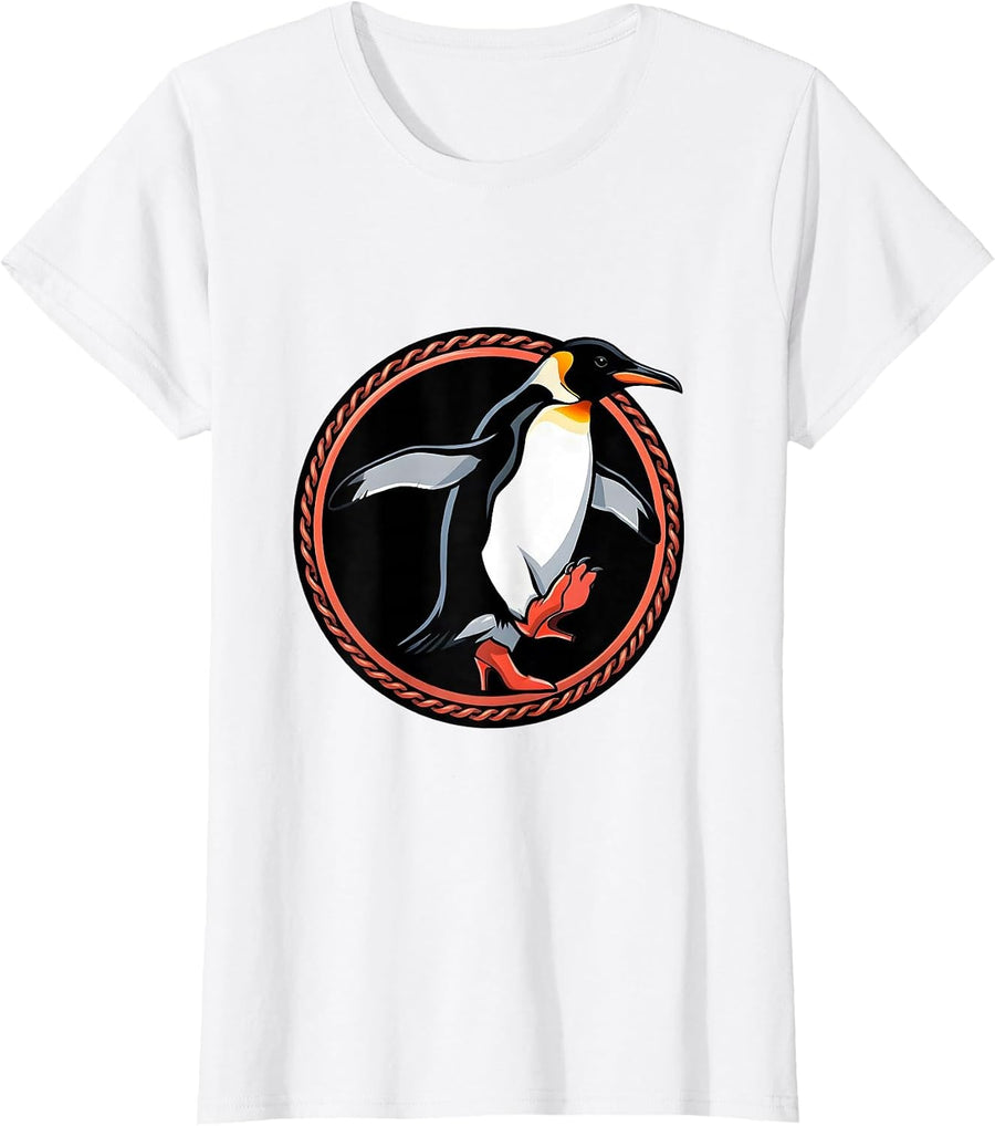 Women's Penguin Waddling in Stiletto Heels Funny Graphic T-Shirt - White