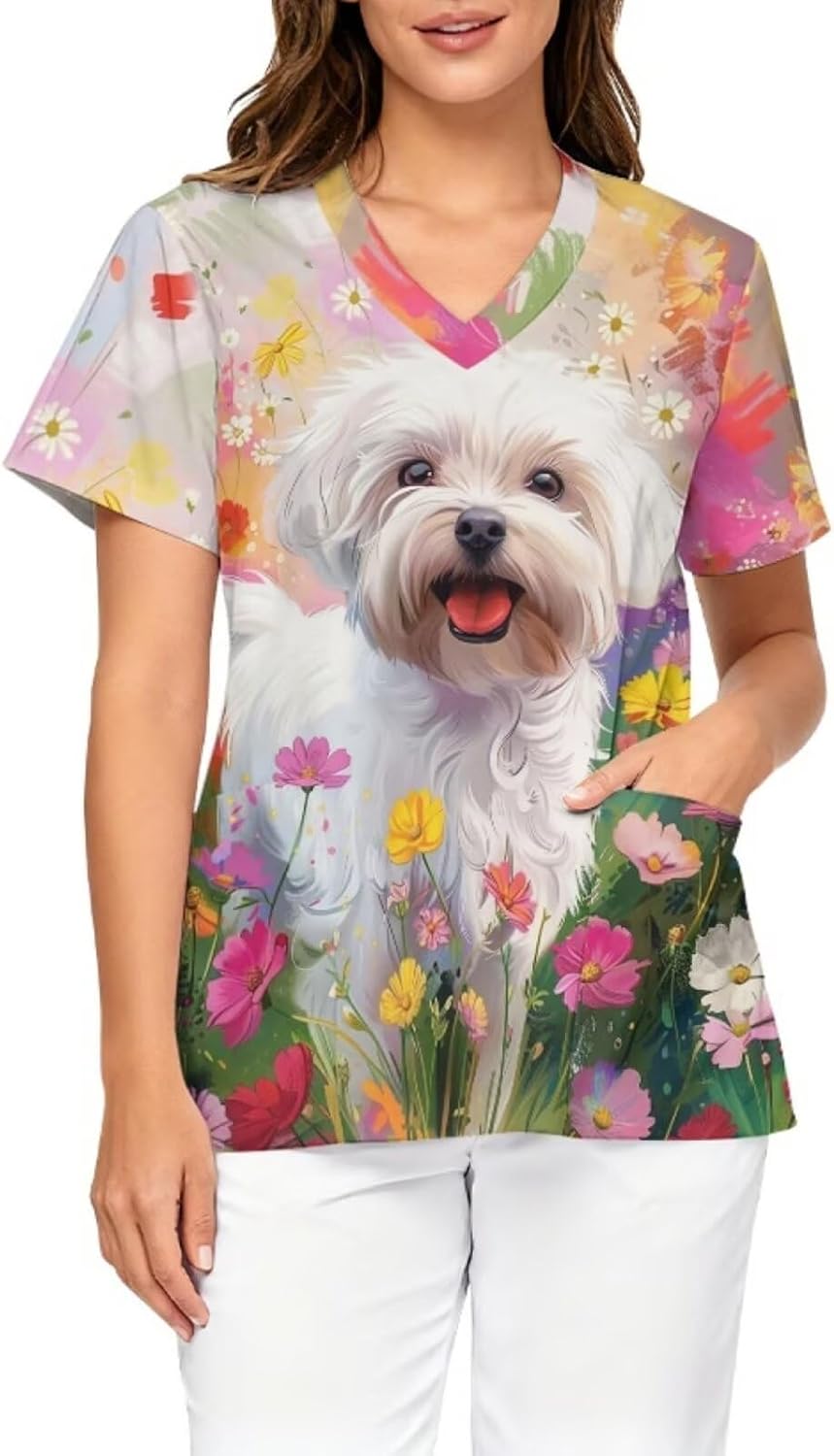 Veterinarian Scrub Tops for Women V Neck Stretchy Nursing Uniforms - Maltese Dog