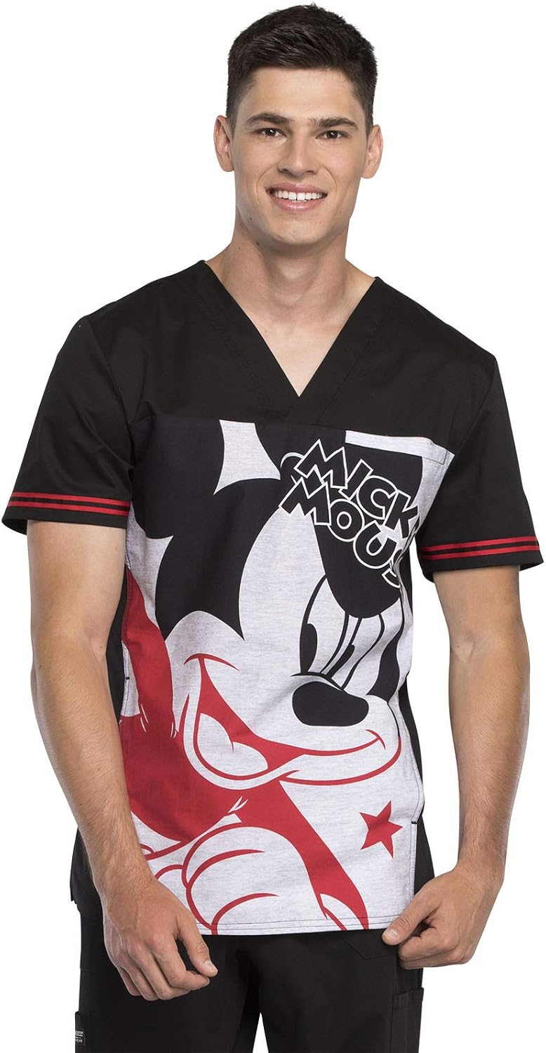 Tooniforms Men Scrubs Top V-Neck Contrast Sleeve Detail - Mickey Star