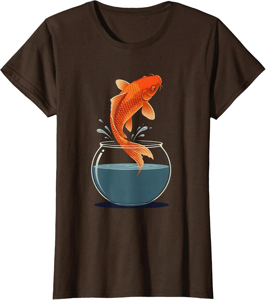 Women's Koi Fish Leaping Out of Fishbowl Graphic T-Shirt - Brown