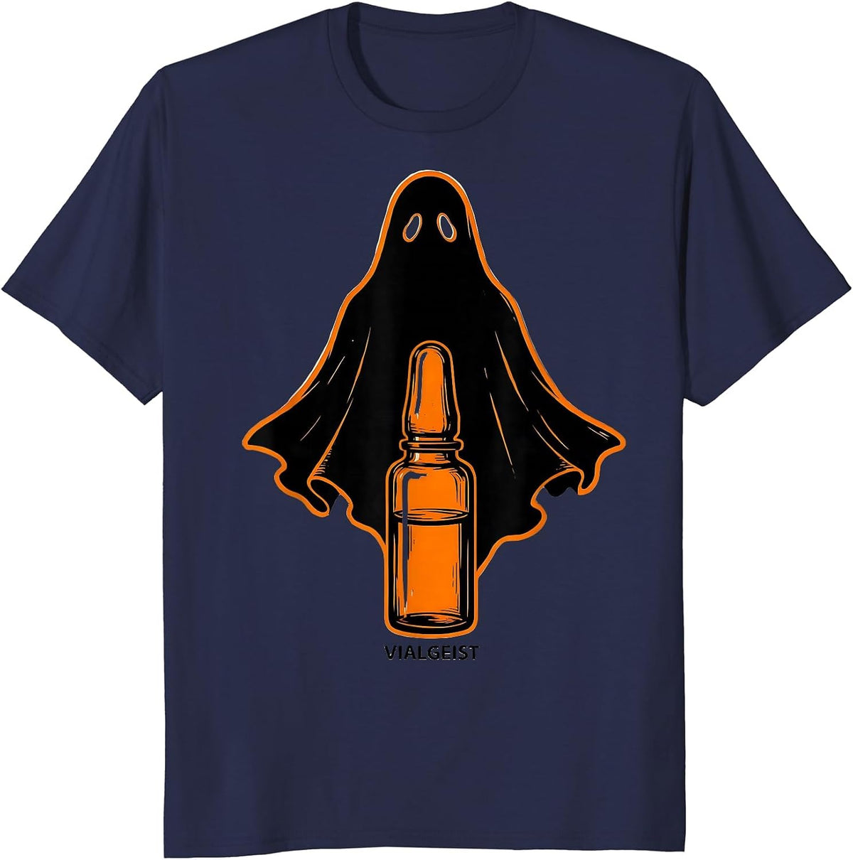 Vialgeist Stencil Ghost Pharmacy Staff Halloween Humor T-Shirt - Navy Blue