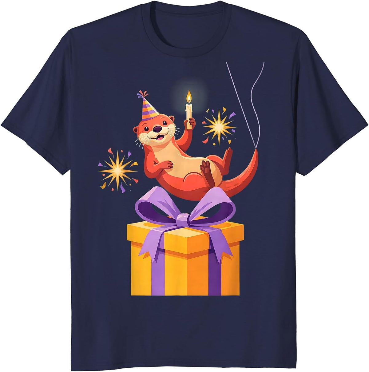 Otter Party Hat Gift Box Otter Lover Humor Birthday T-Shirt - Navy Blue
