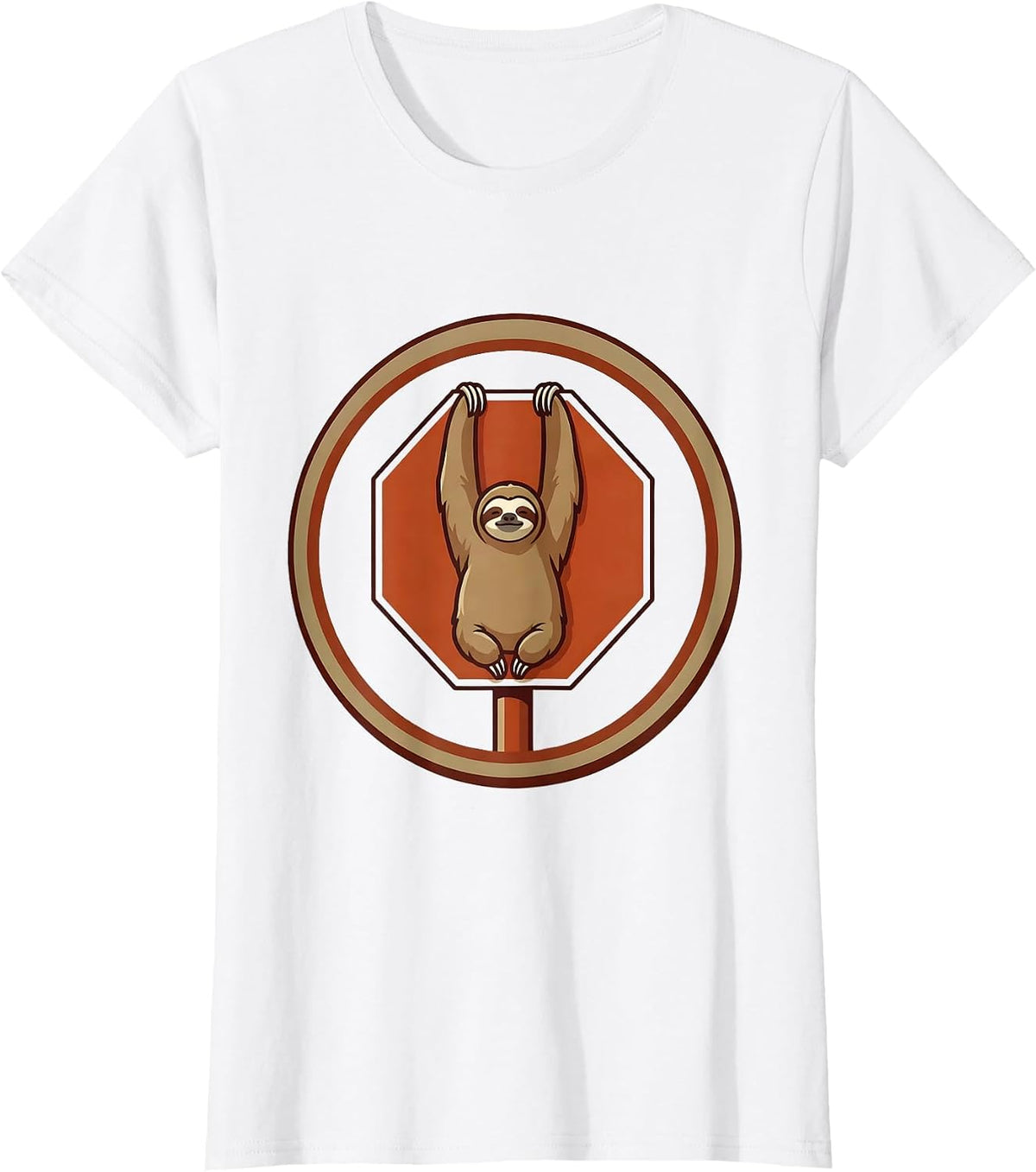 Women's Funny Sloth Hanging From Stop Sign Illustration T-Shirt - White