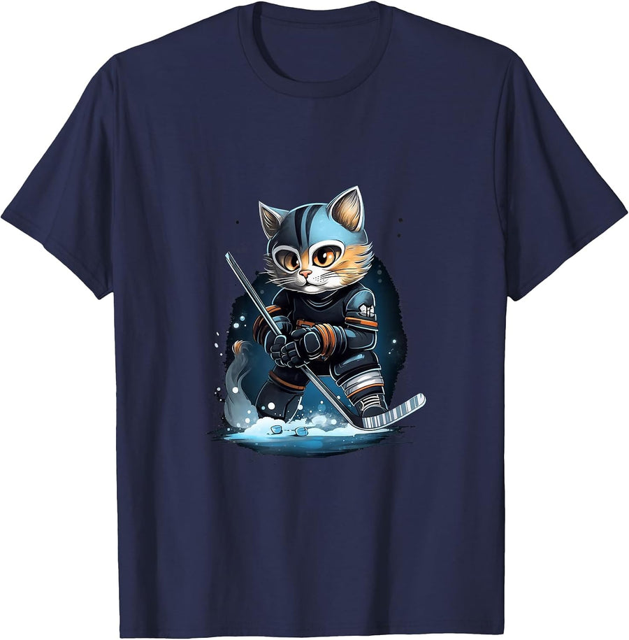 Cat Kitten Ice Hockey Stick Hockey Stick T-Shirt - Navy Blue