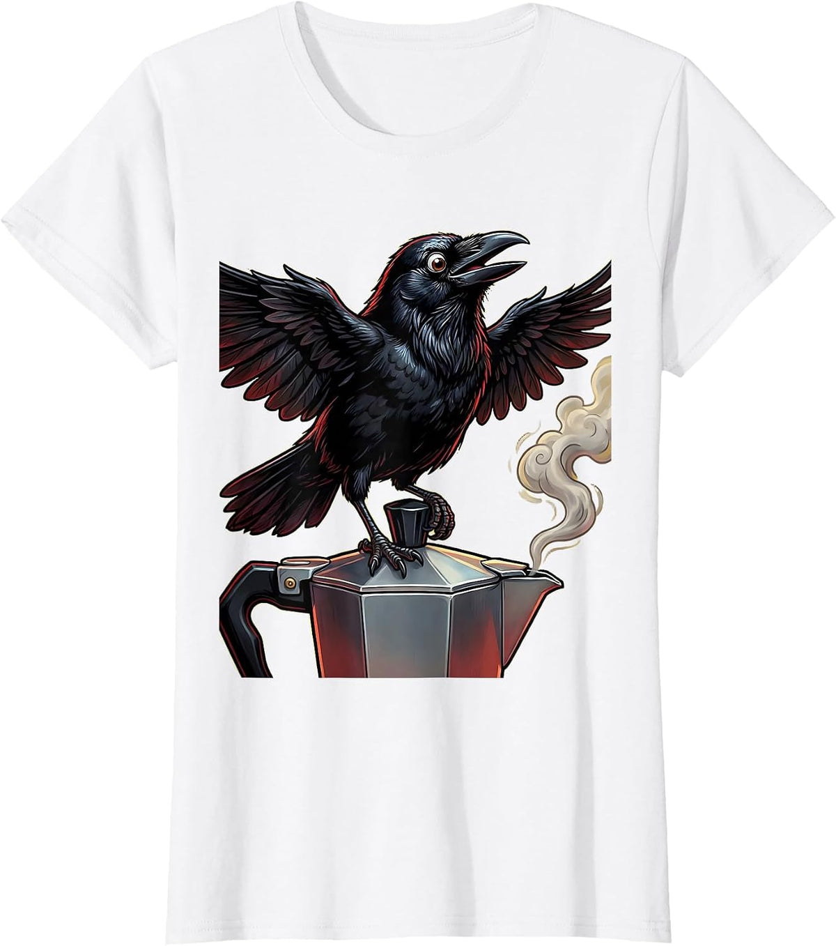 Crow Perched on Moka Pot Coffee Illustration T-Shirt - White
