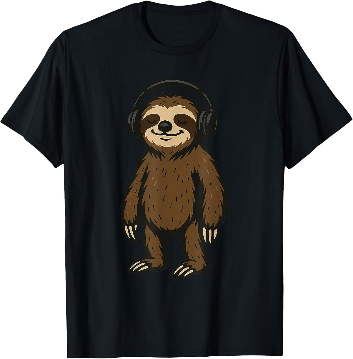 Funny Sloth Wearing Headphones T-Shirt - Black