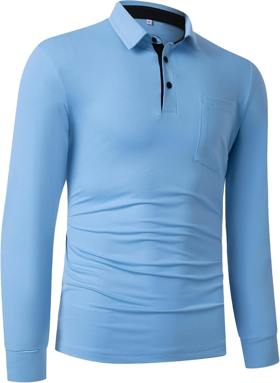 Polo Shirts for Men Long Sleeve Golf Shirt Classic 3-Botton T-Shirt Business Casual Sports Tops with Pocket - Light Blue