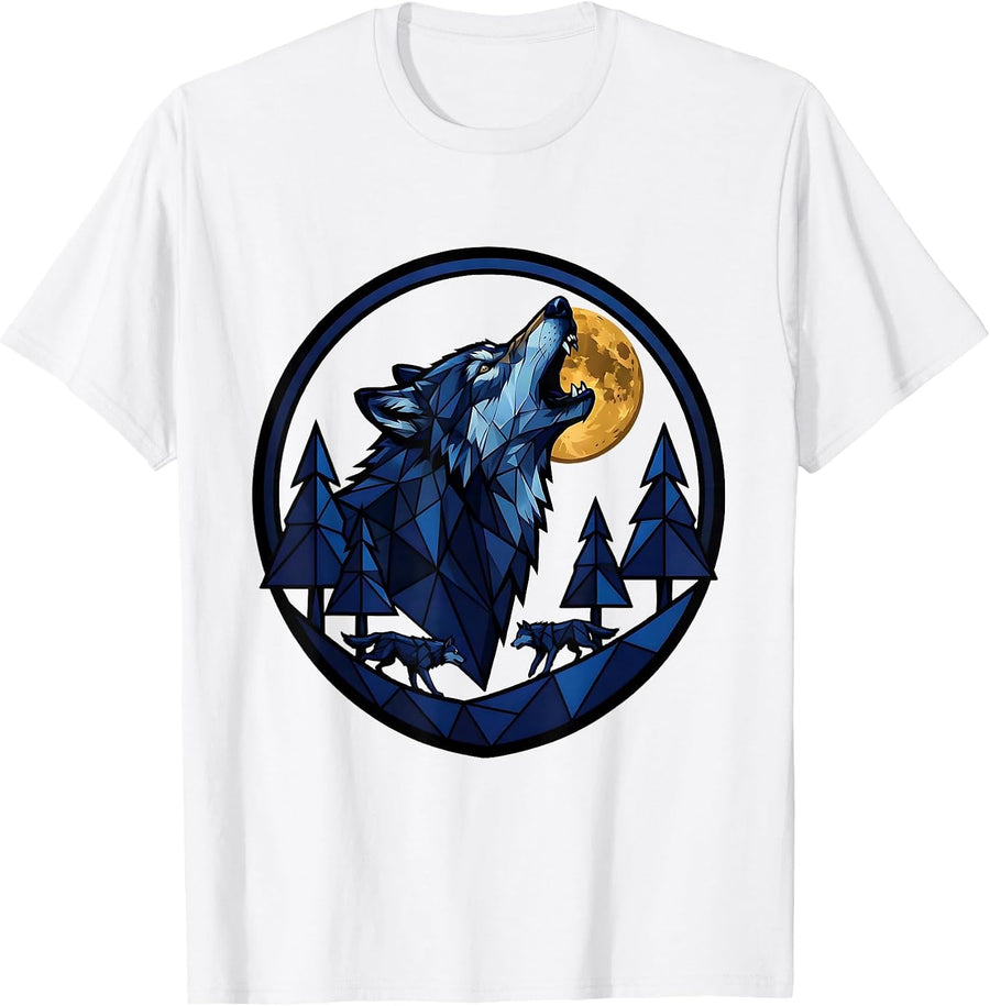 Men's Wolf Pack Stained Glass Mosaic Nature Wildlife Art T-Shirt - White