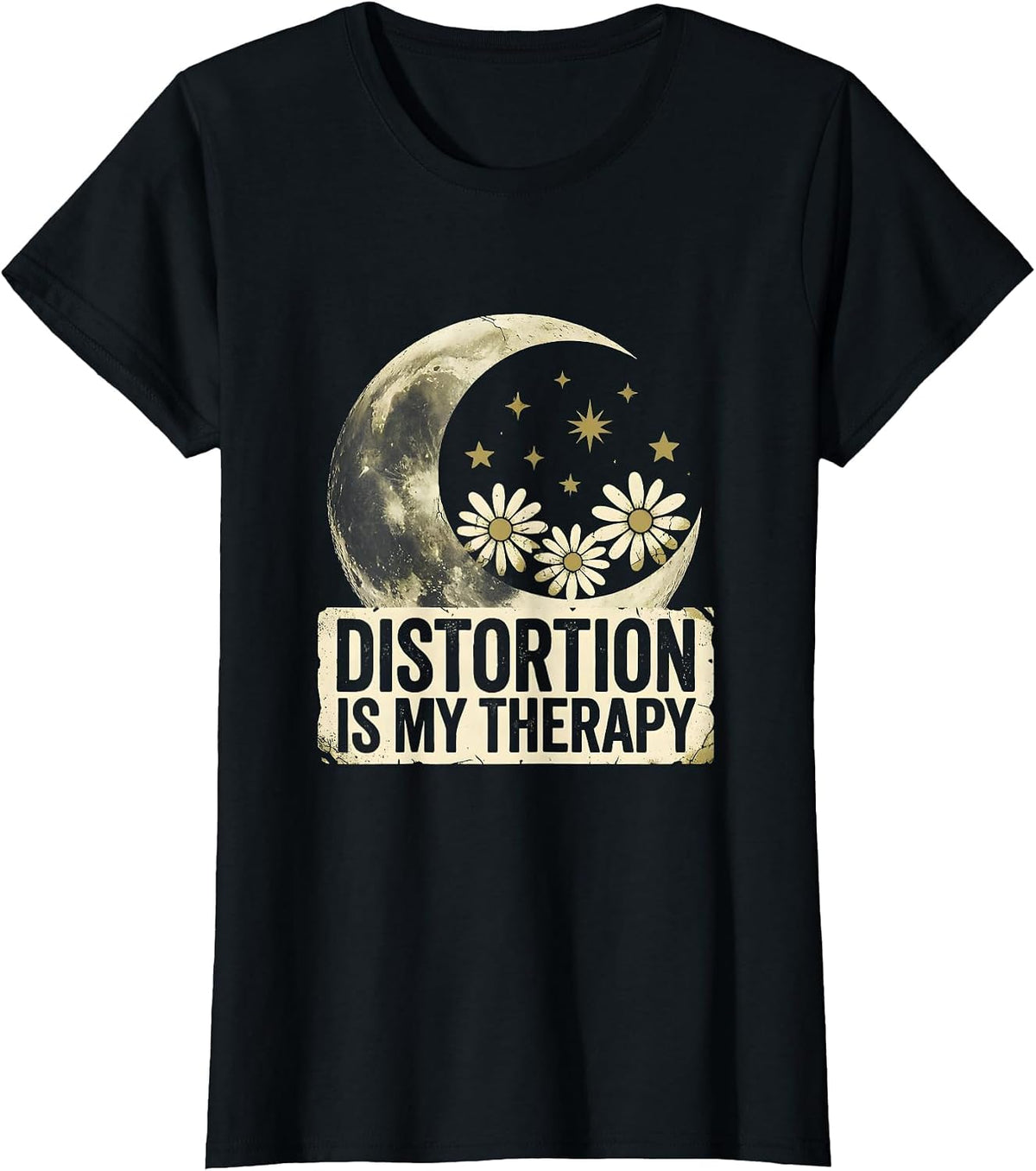 Women's Distortion Is My Therapy 80s Rock Band Design T-Shirt - Black
