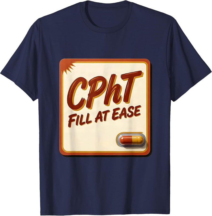 CPhT Fill At Ease Cute Pharmacy Tech Humor Gift T-Shirt - Navy Blue